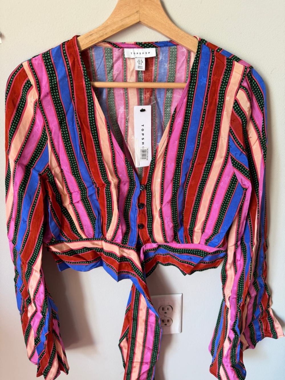 Topshop Striped Tie-Front Blouse in Pink, Red & Blue